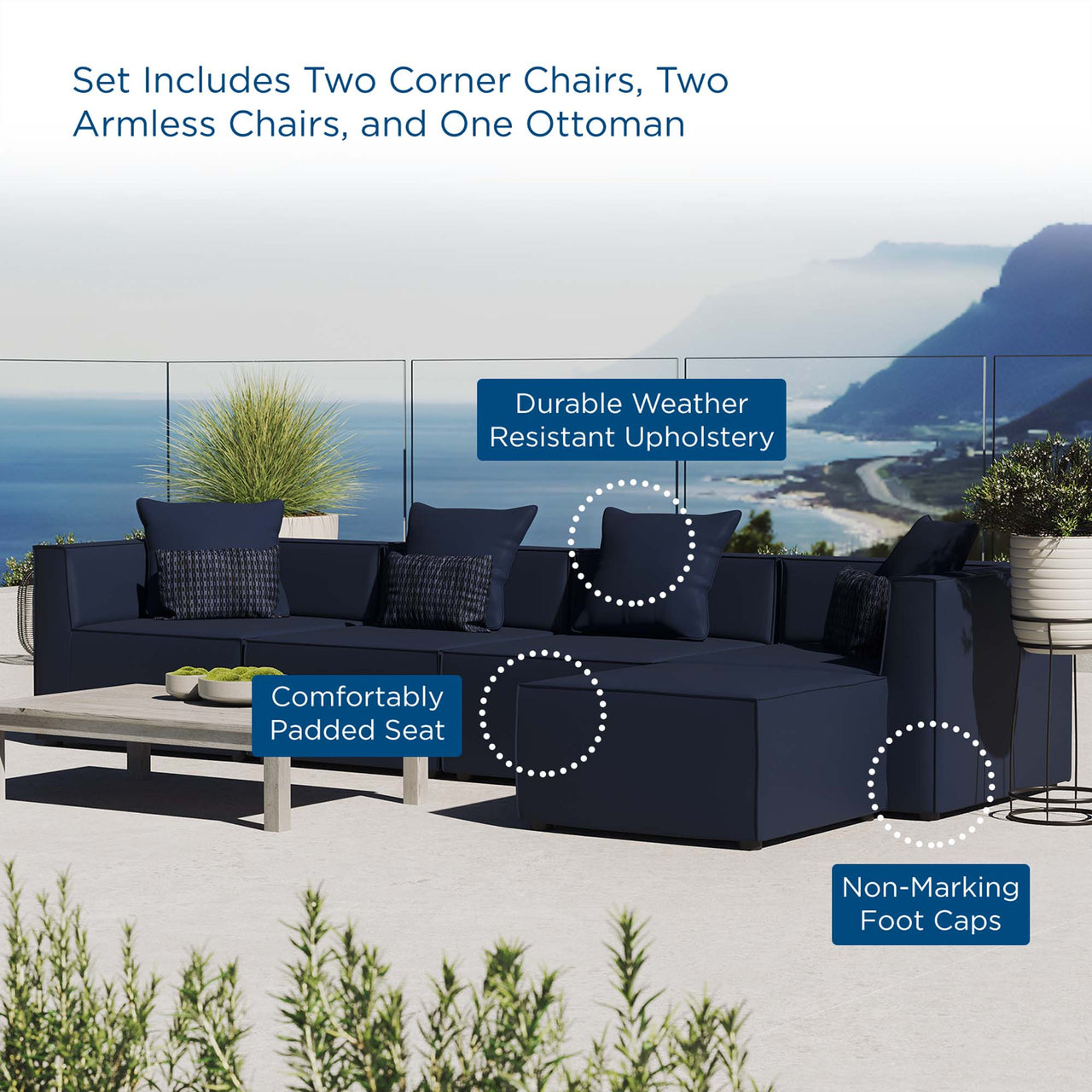 Merida 5-Piece Alfresco Upholstered Sectional, Navy