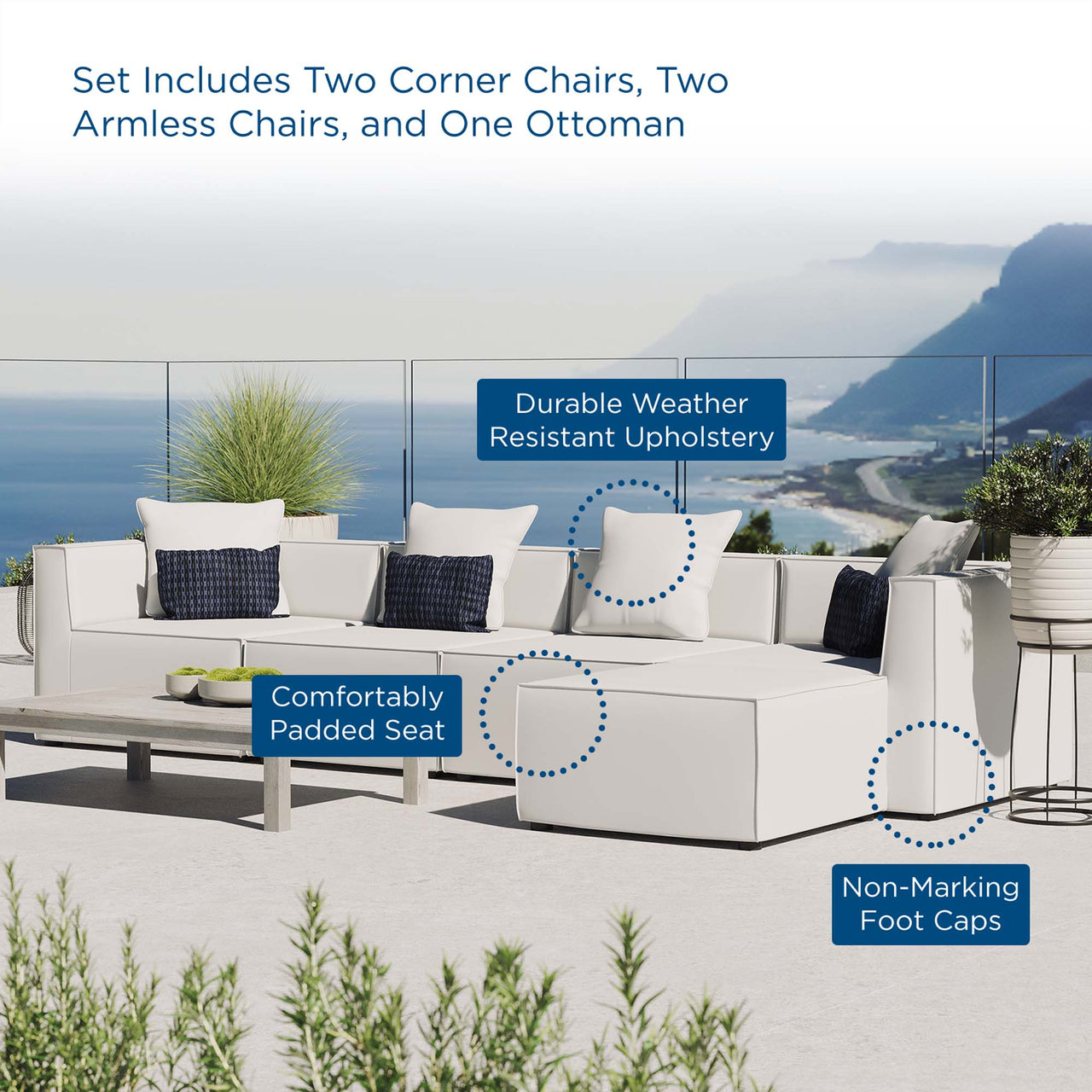 Merida 5-Piece Alfresco Upholstered Sectional, White