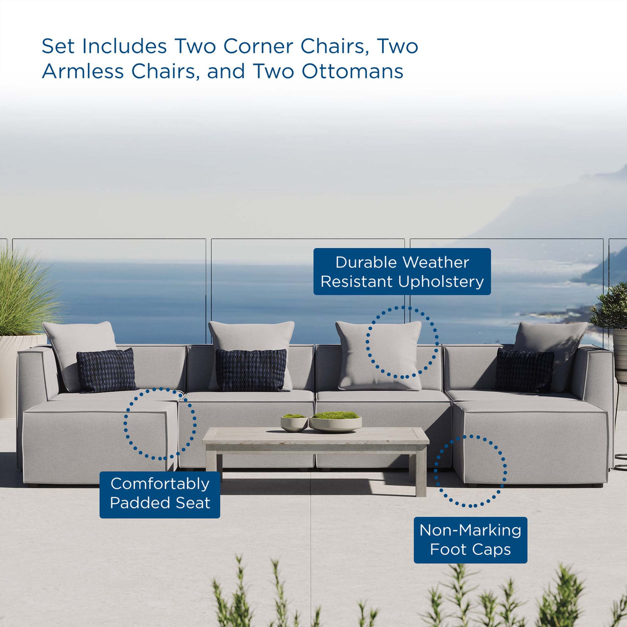 Merida 6-Piece Alfresco Upholstered U-Shaped Sectional, Gray