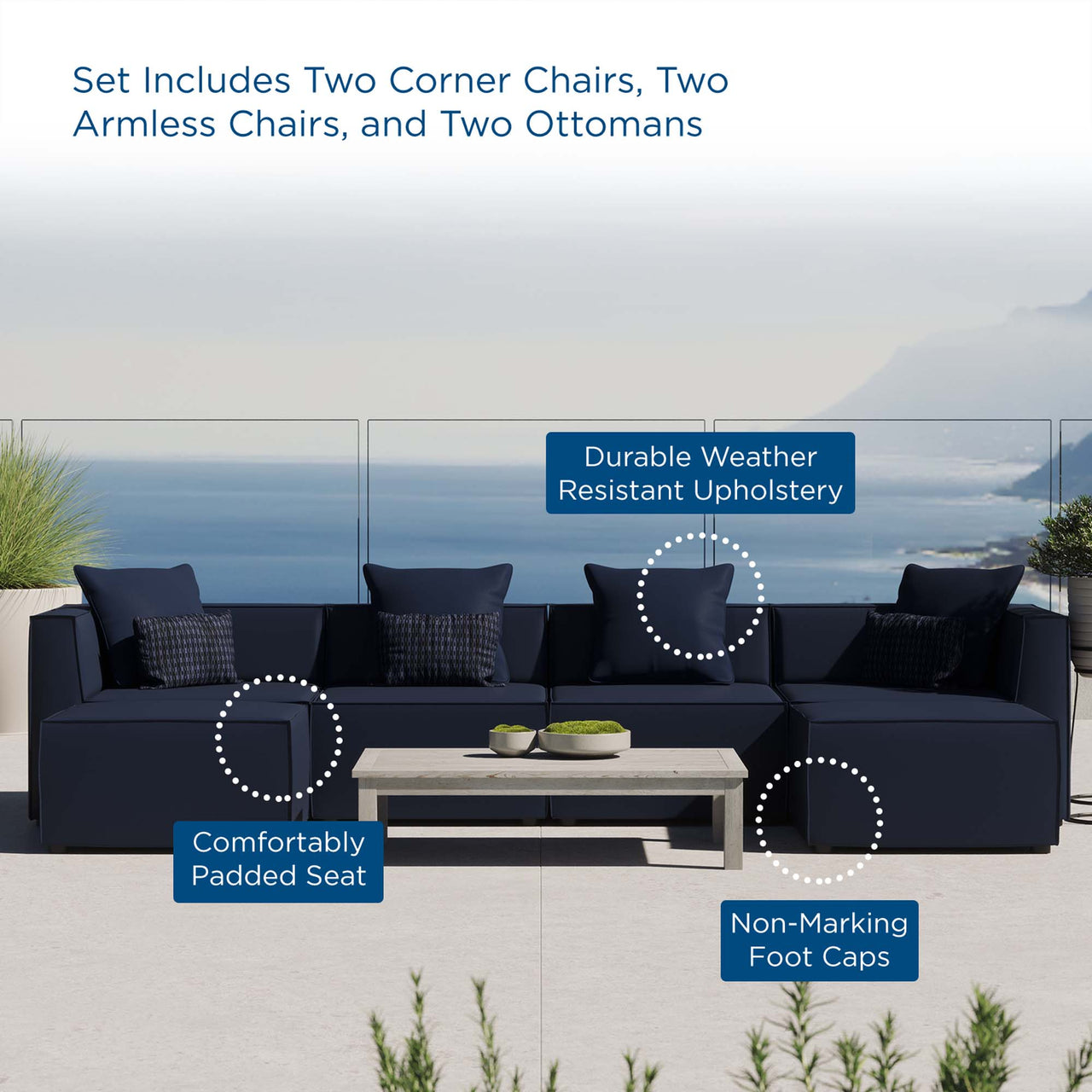 Merida 6-Piece Alfresco Upholstered U-Shaped Sectional, Navy