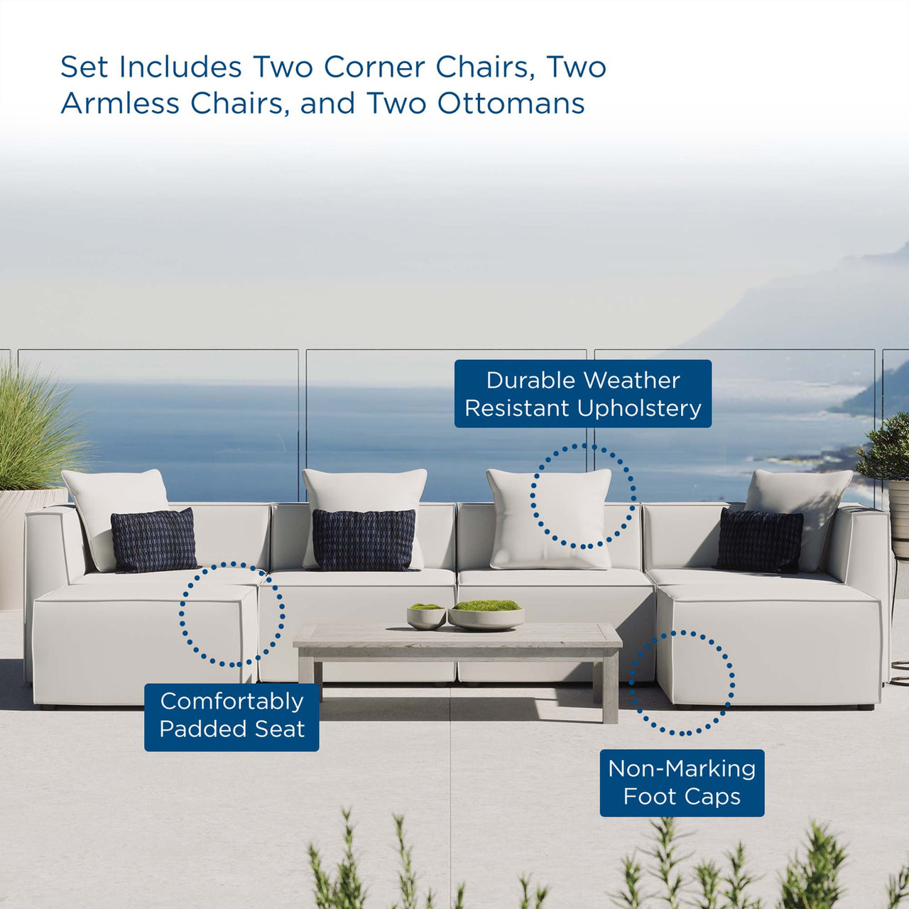 Merida 6-Piece Alfresco Upholstered U-Shaped Sectional, White