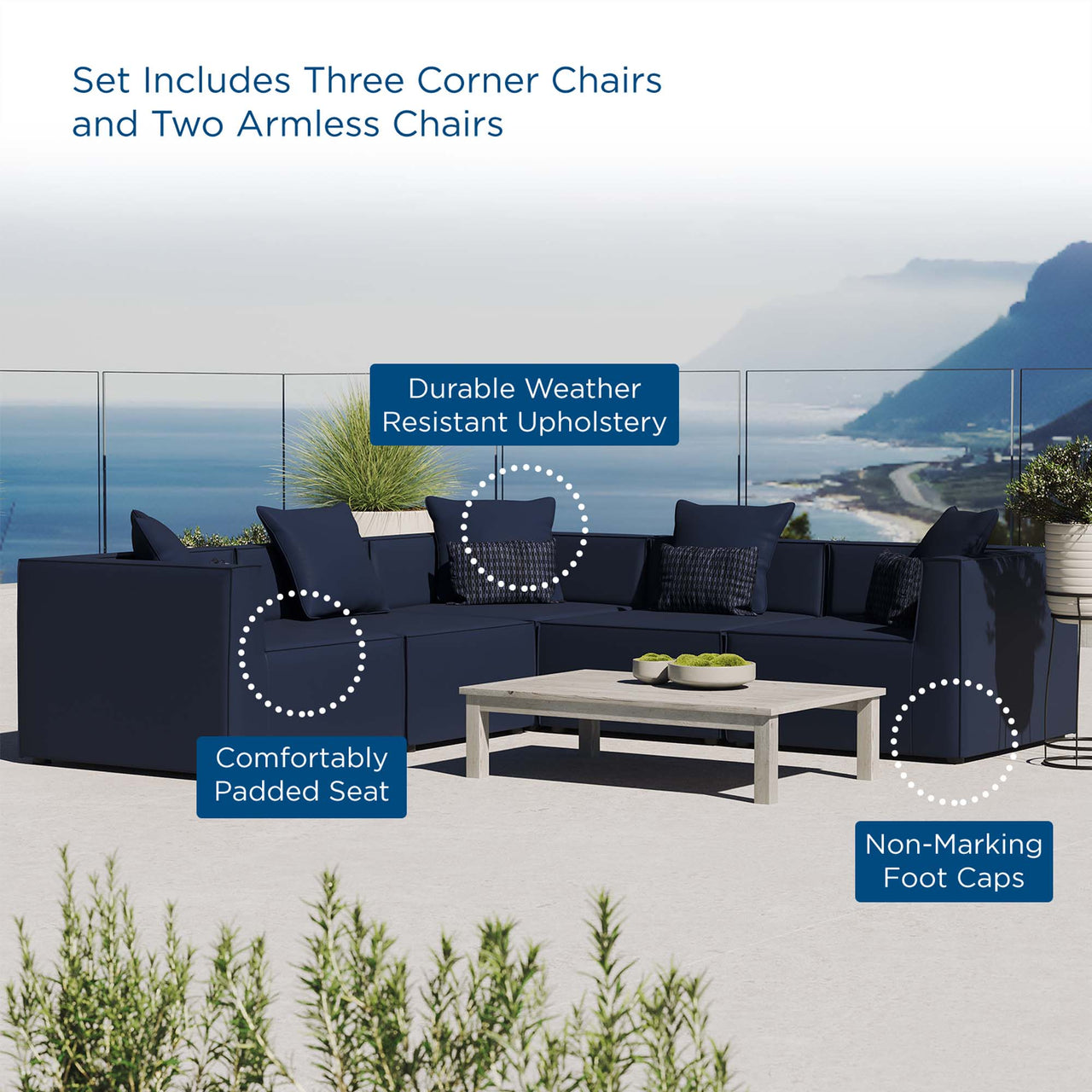 Merida 5-Piece Alfresco Upholstered Corner Sectional, Navy
