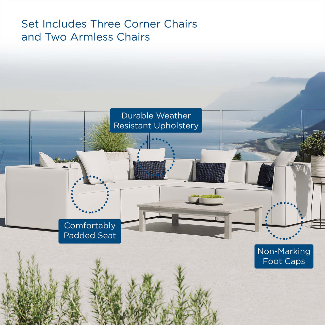 Merida 5-Piece Alfresco Upholstered Corner Sectional, White