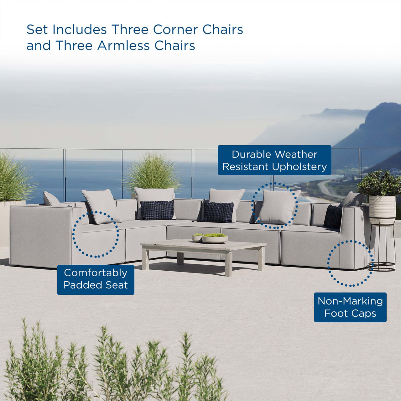 Merida 6-Piece Alfresco Upholstered Corner Sectional, Gray