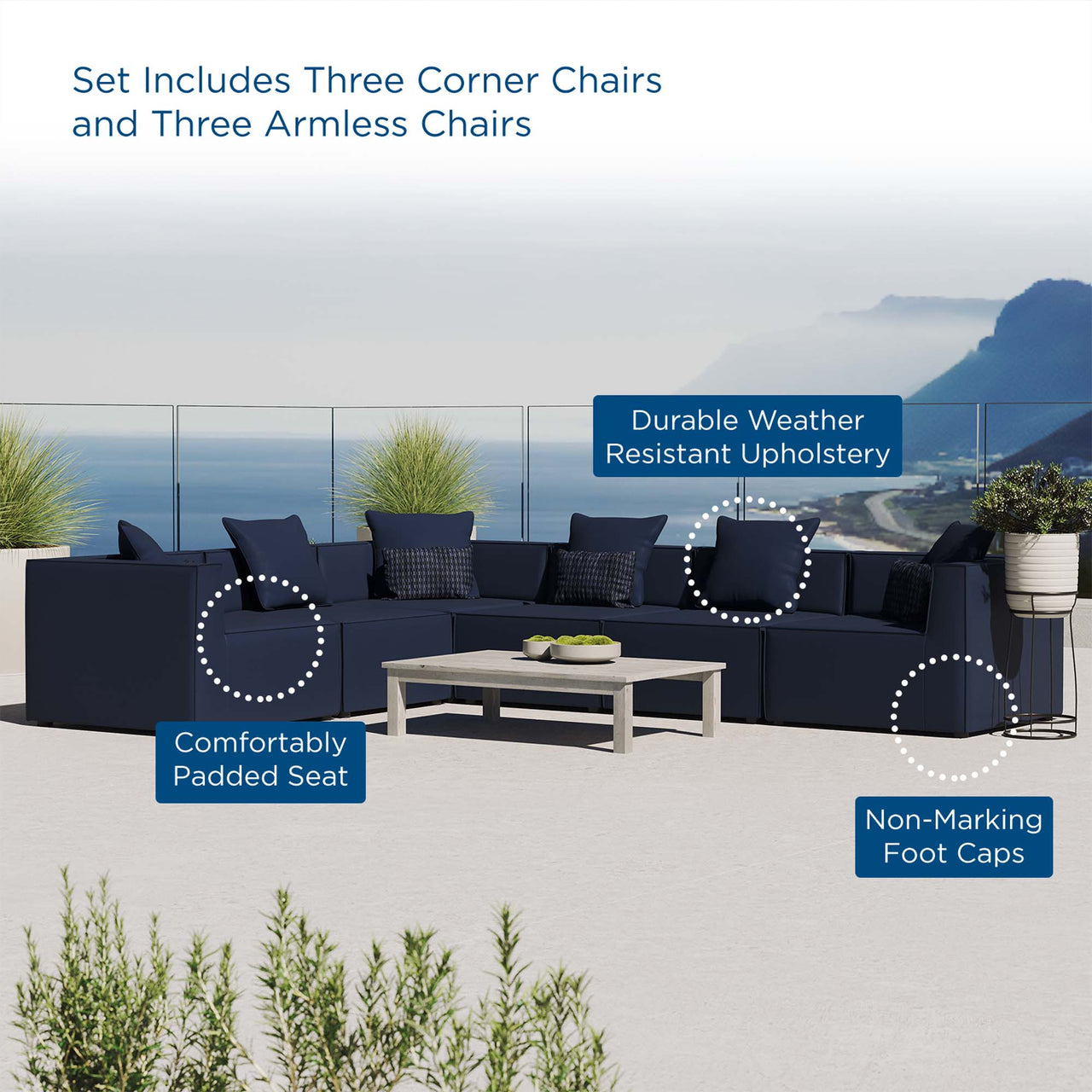 Merida 6-Piece Alfresco Upholstered Corner Sectional, Navy