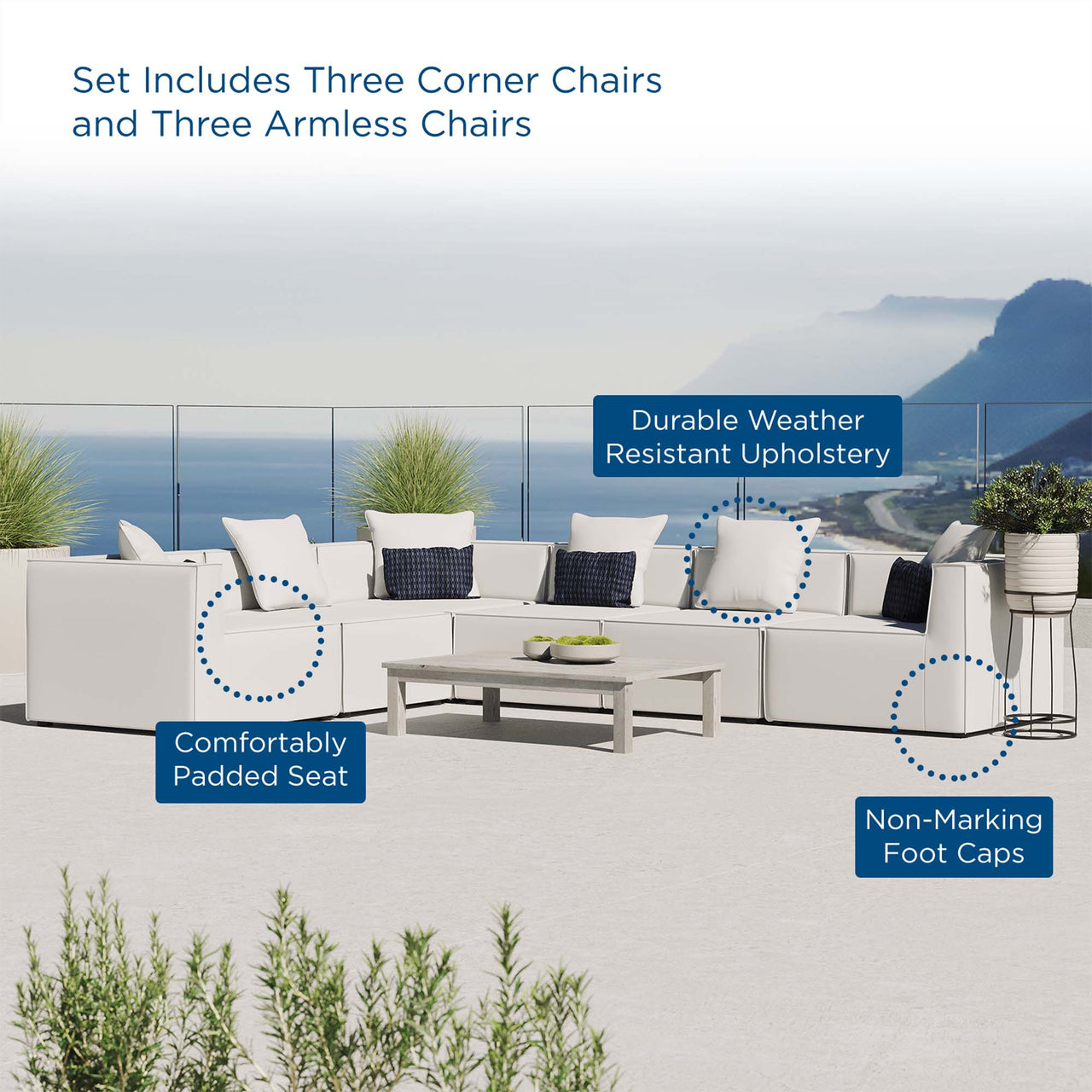 Merida 6-Piece Alfresco Upholstered Corner Sectional, White