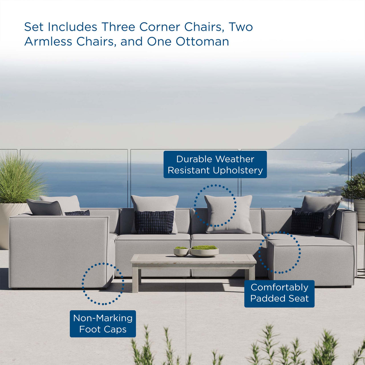 Merida 6-Piece Alfresco Upholstered Sectional, Gray