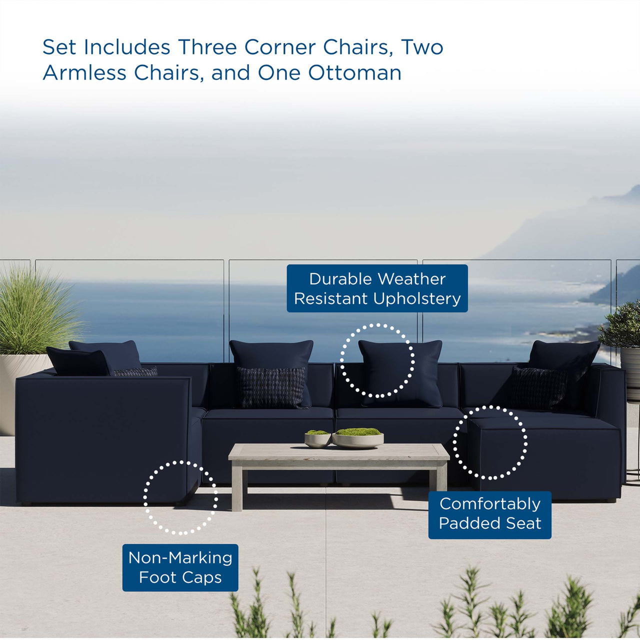 Merida 6-Piece Alfresco Upholstered Sectional, Navy