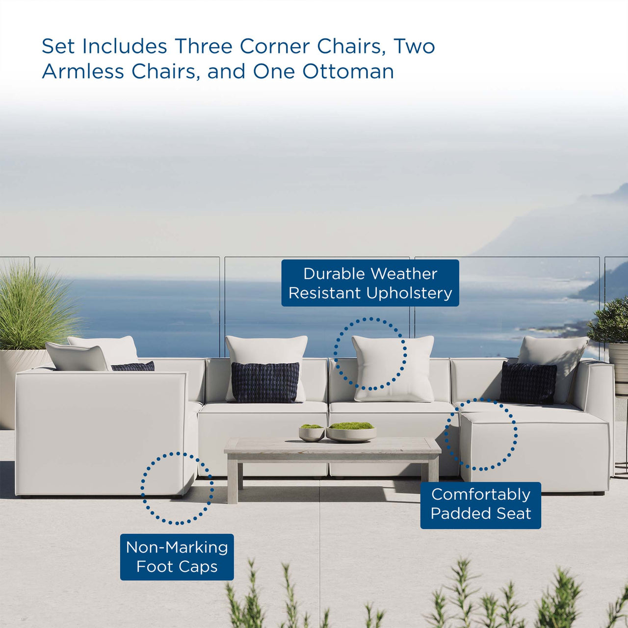 Merida 6-Piece Alfresco Upholstered Sectional, White