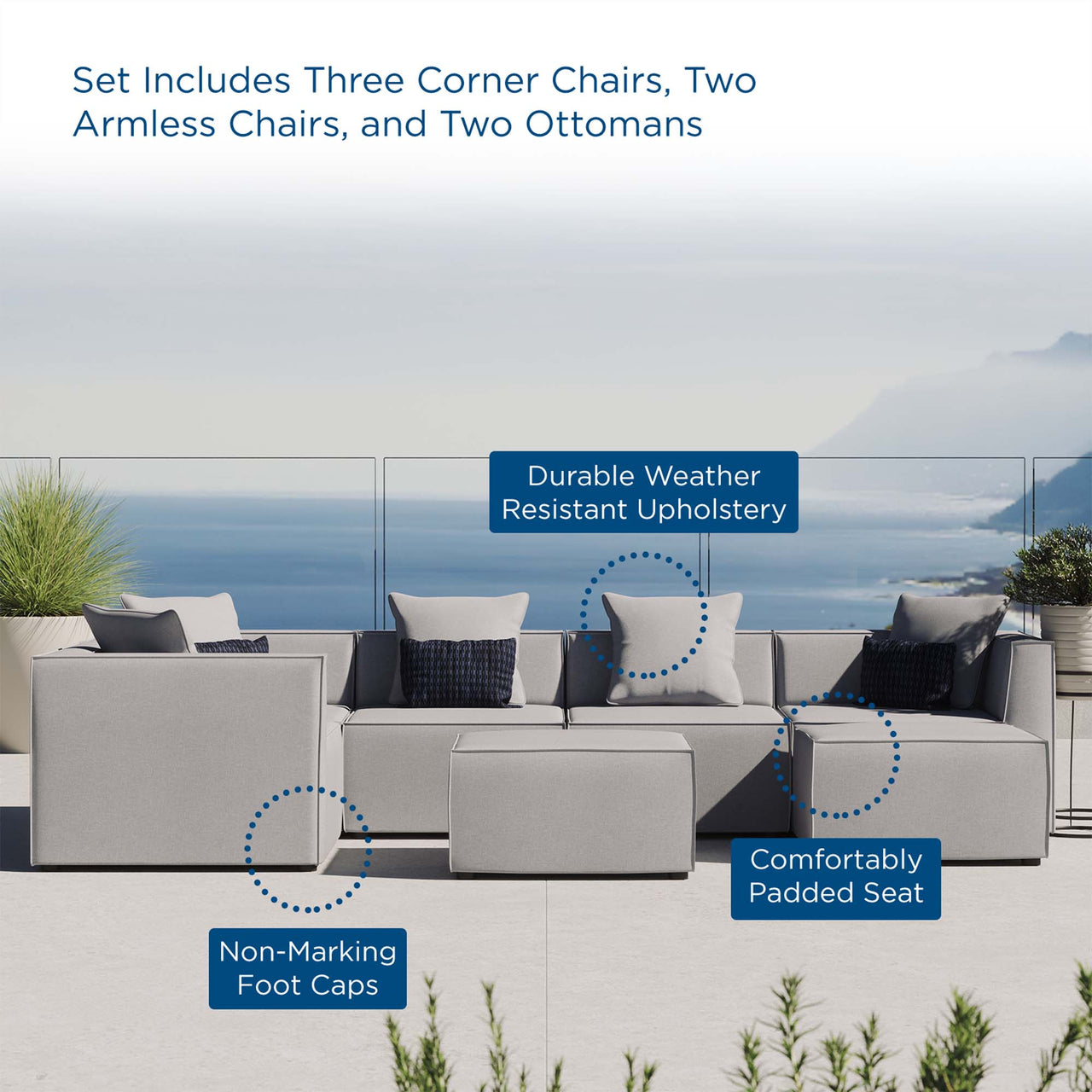 Merida 7-Piece Alfresco Upholstered Sectional, Gray