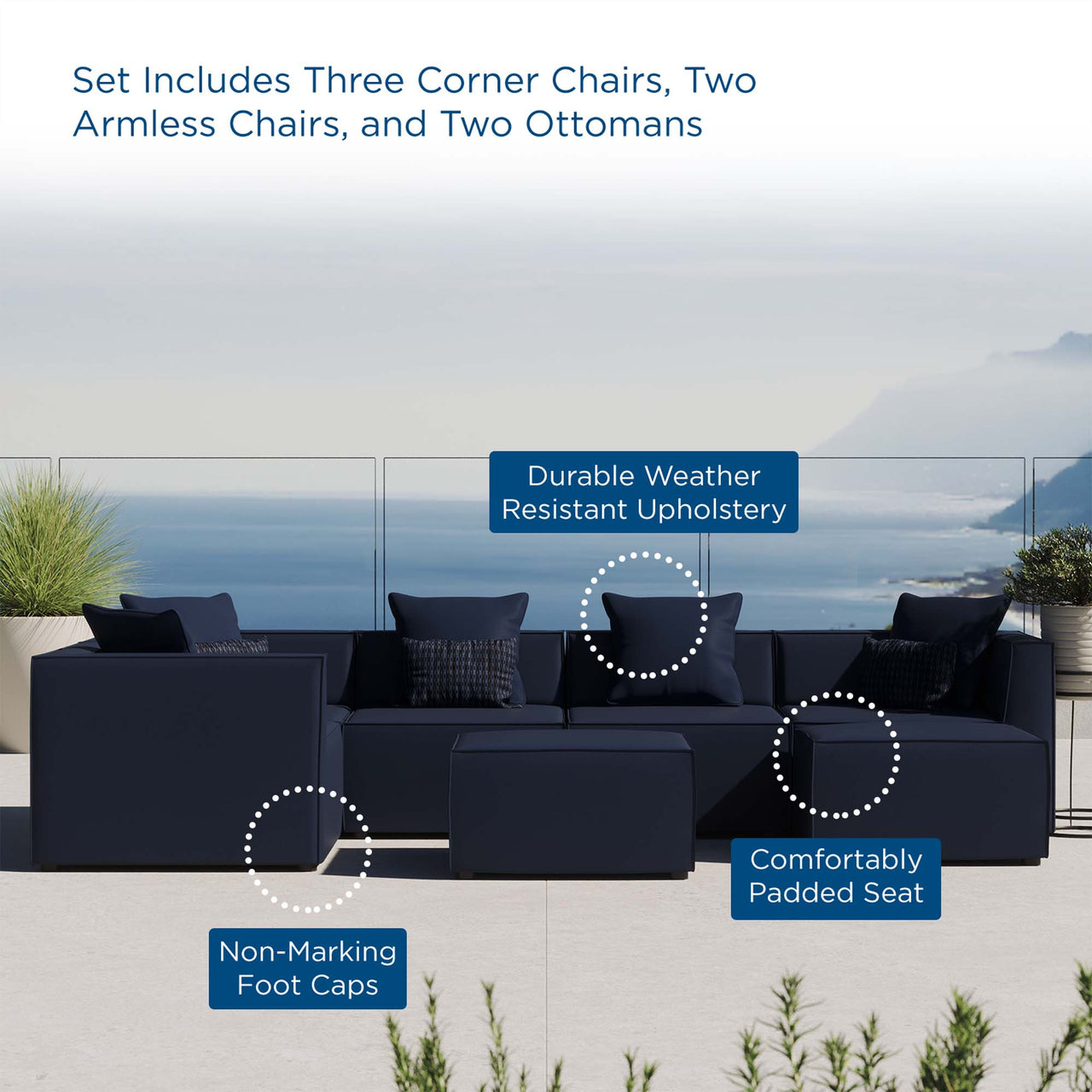 Merida 7-Piece Alfresco Upholstered Sectional, Navy