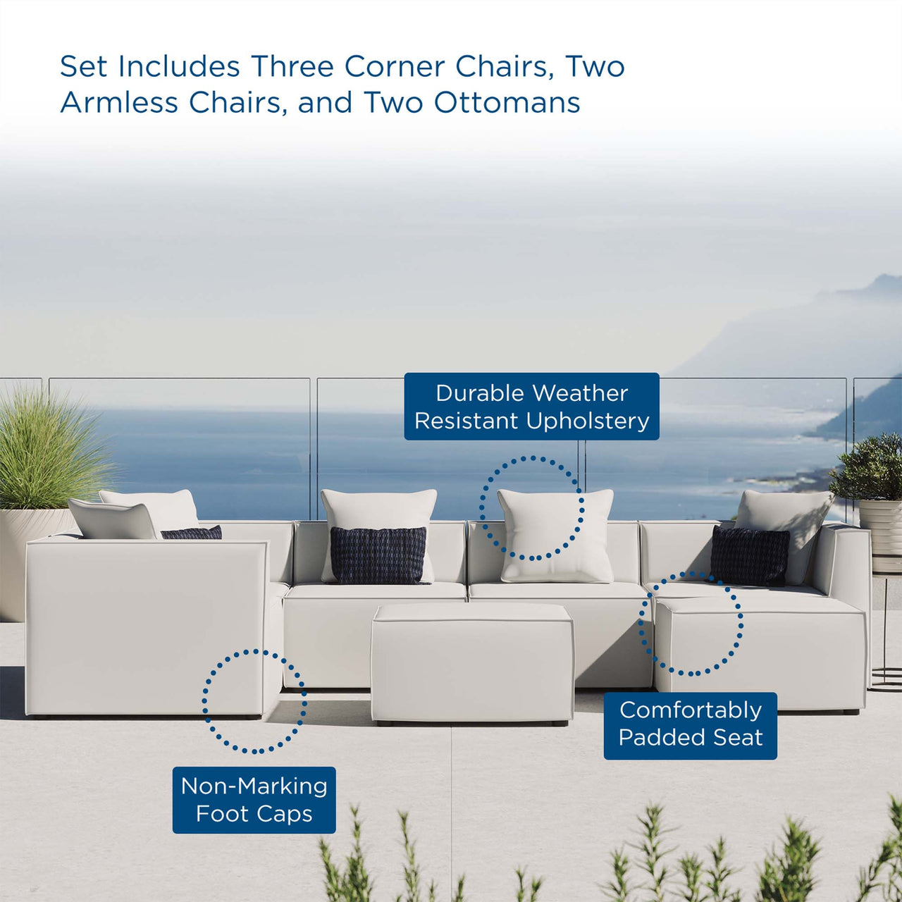 Merida 7-Piece Alfresco Upholstered Sectional, White
