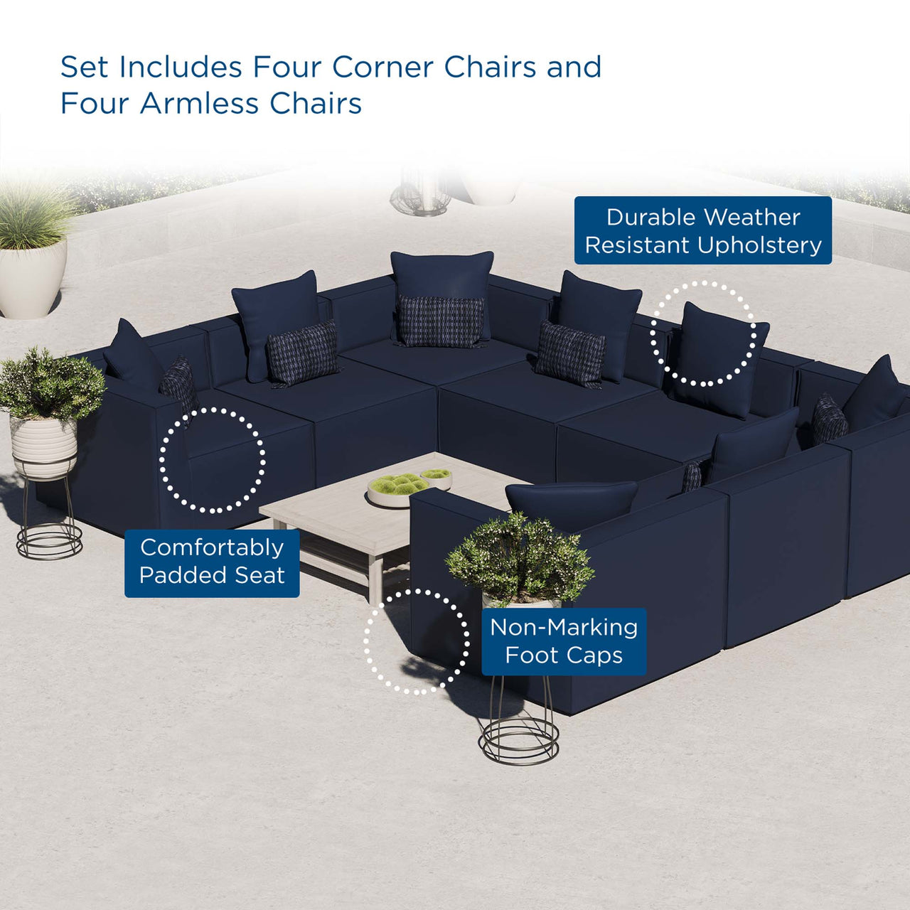 Merida 8-Piece Alfresco Upholstered U-Shaped Sectional, Navy