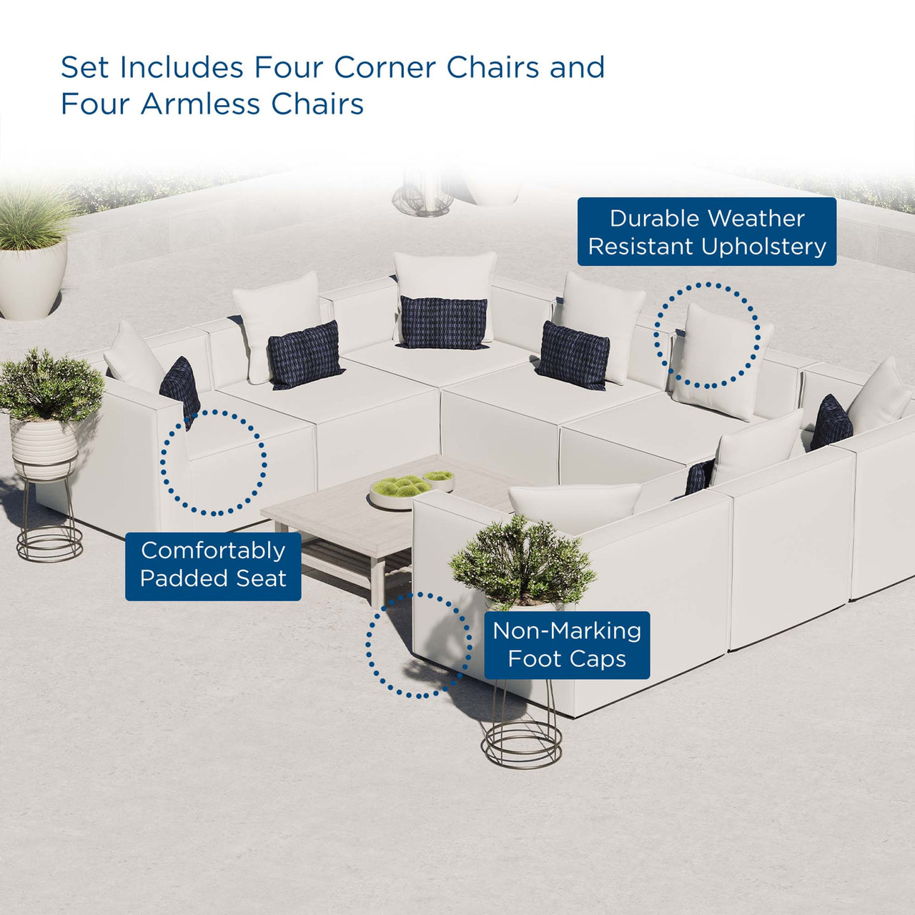 Merida 8-Piece Alfresco Upholstered U-Shaped Sectional, White