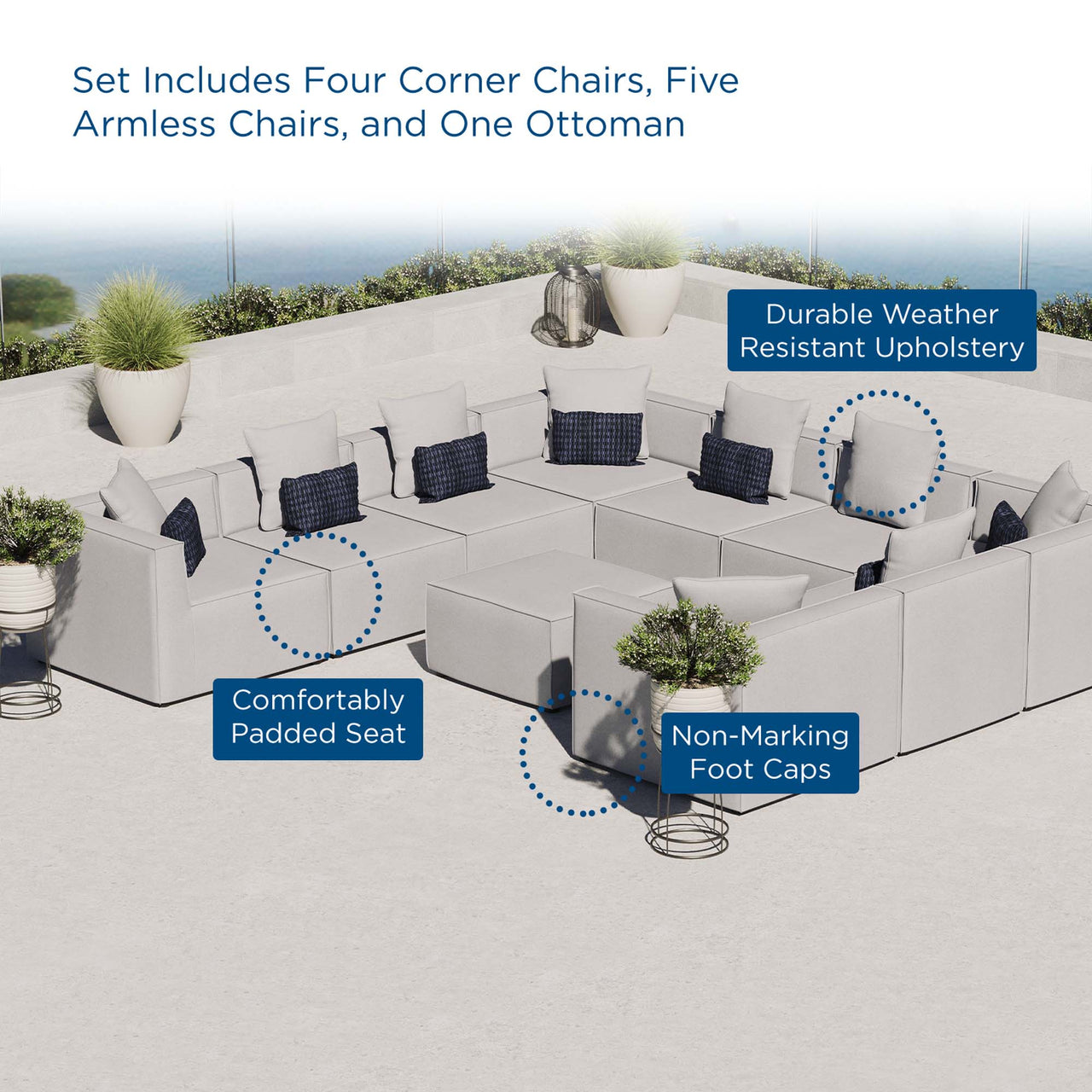 Merida 10-Piece Alfresco Upholstered Sectional, Gray