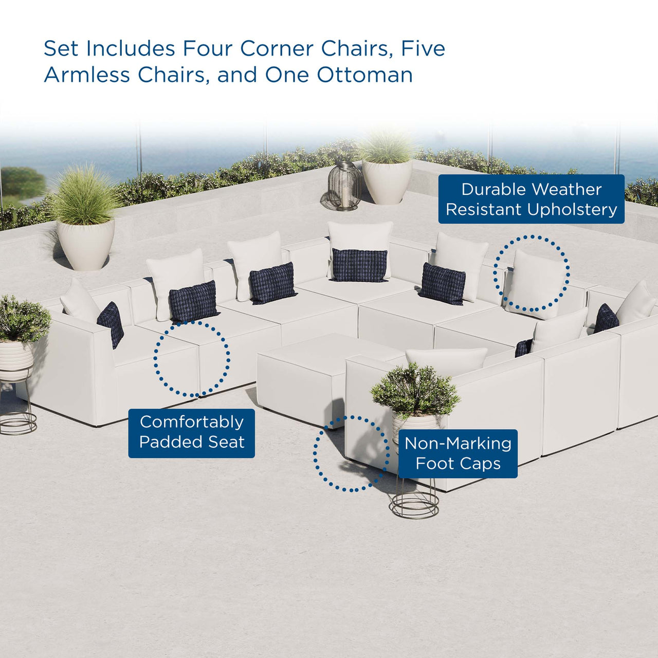 Merida 10-Piece Alfresco Upholstered Sectional, White