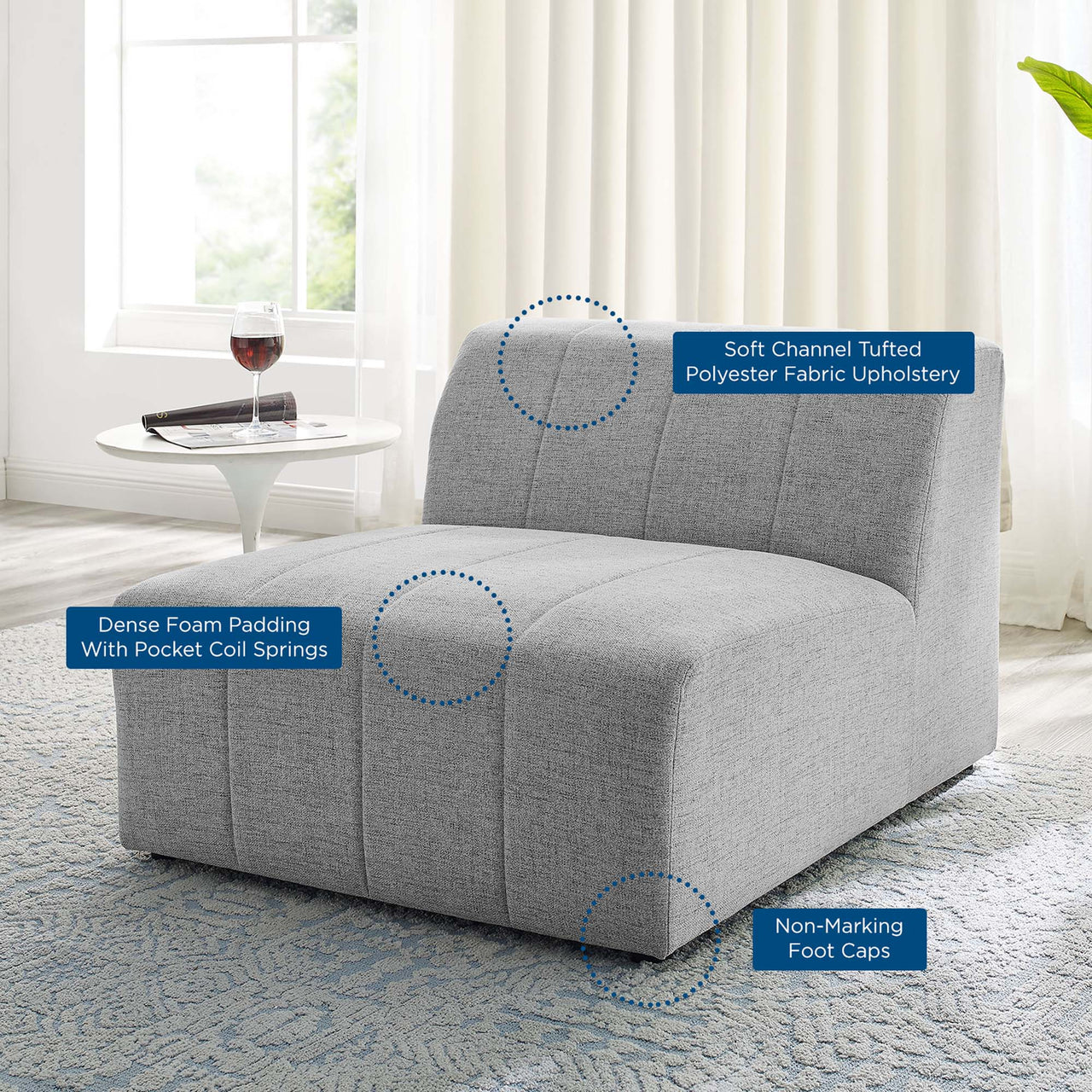 Barden Fabric Armless Chair | Modular Sectional Component, Light Gray