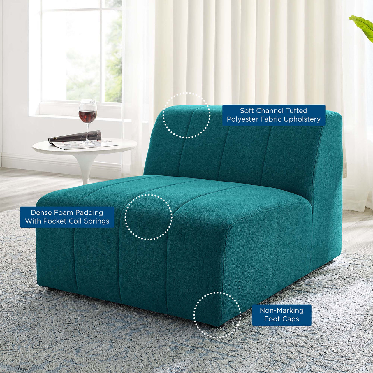 Barden Fabric Armless Chair | Modular Sectional Component, Teal