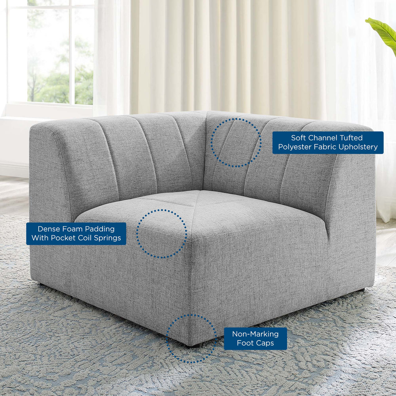 Barden Fabric Corner Chair | Modular Sectional Component, Light Gray