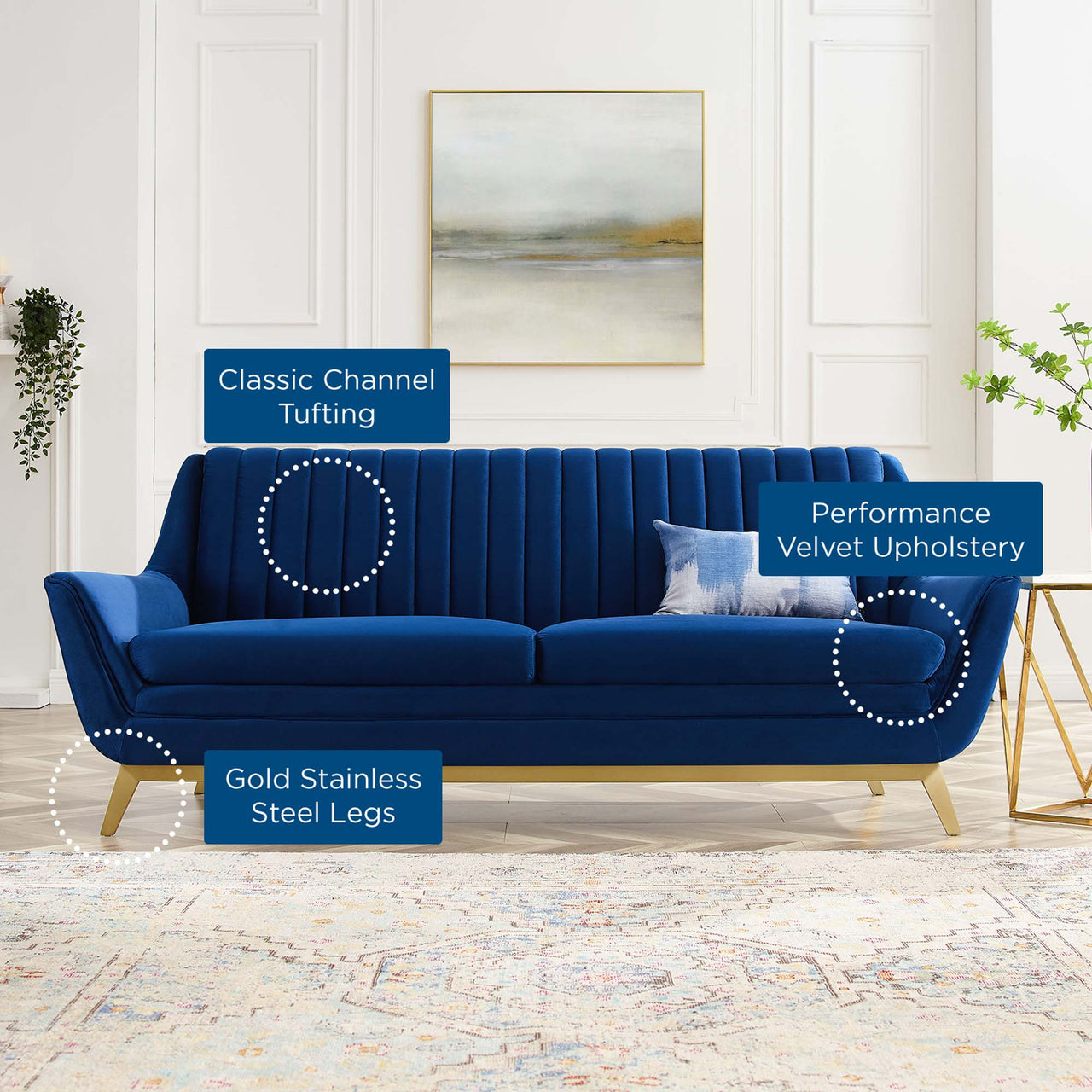 Dwellin Upholstered Velvet Sofa, Navy