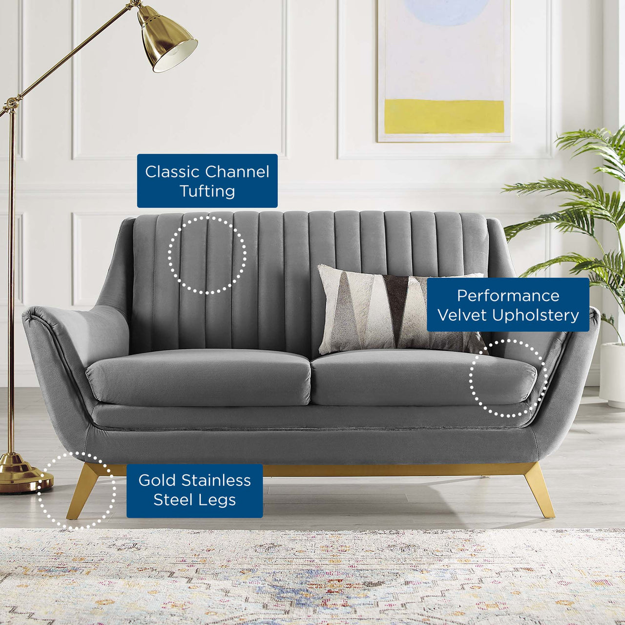 Dwellin Upholstered Velvet Loveseat, Gray