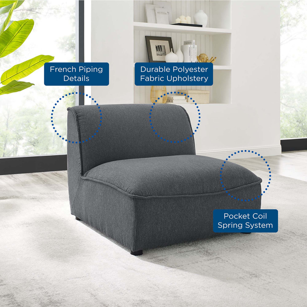 Rise Armless Chair| Modular Sectional Component, Charcoal