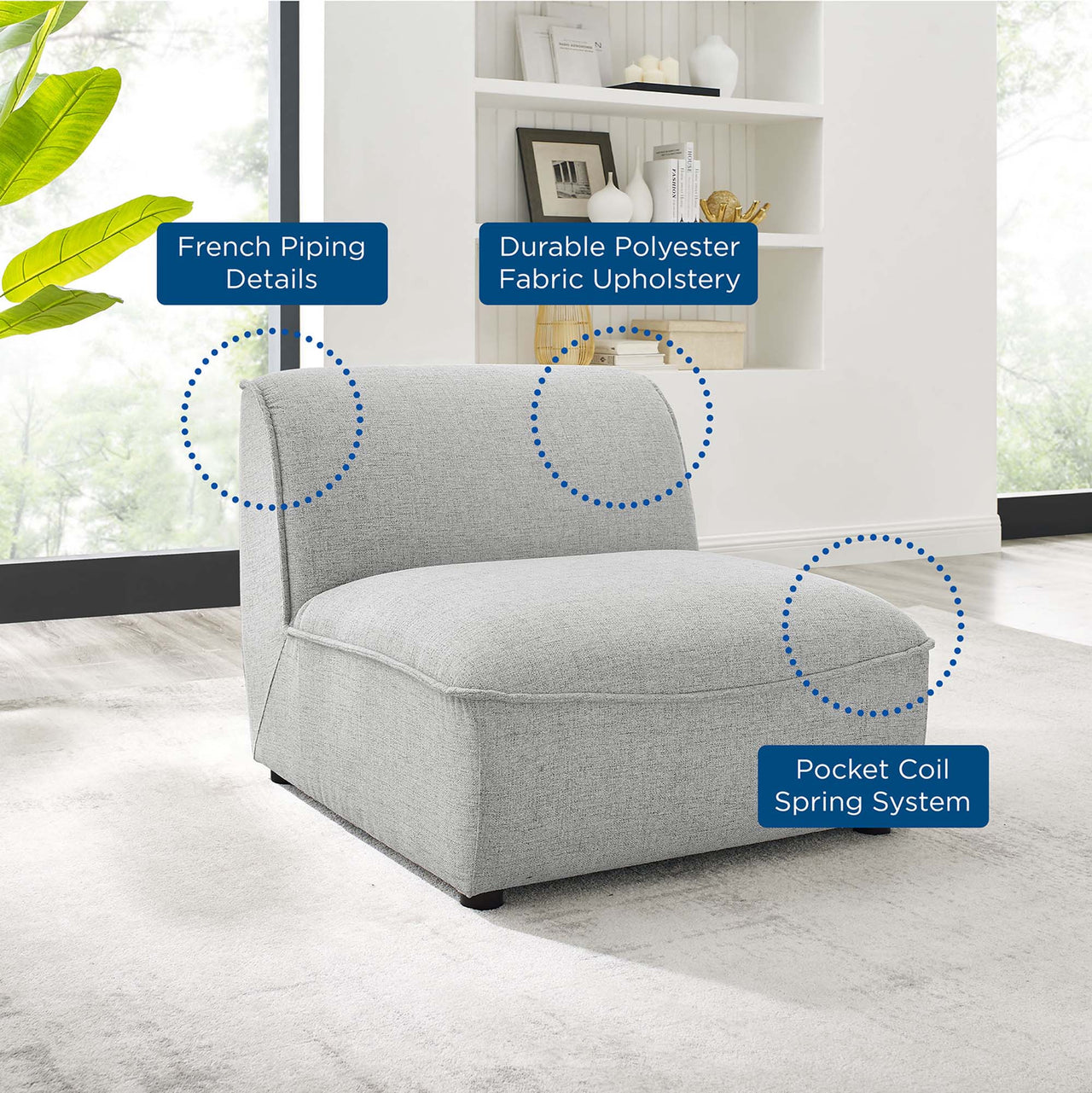 Rise Armless Chair| Modular Sectional Component, Light Gray