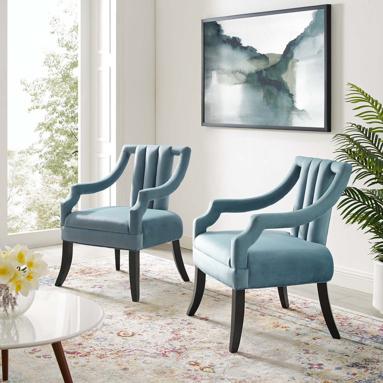 Inkwell Upholstered Velvet Armchair Set of 2, Light Blue