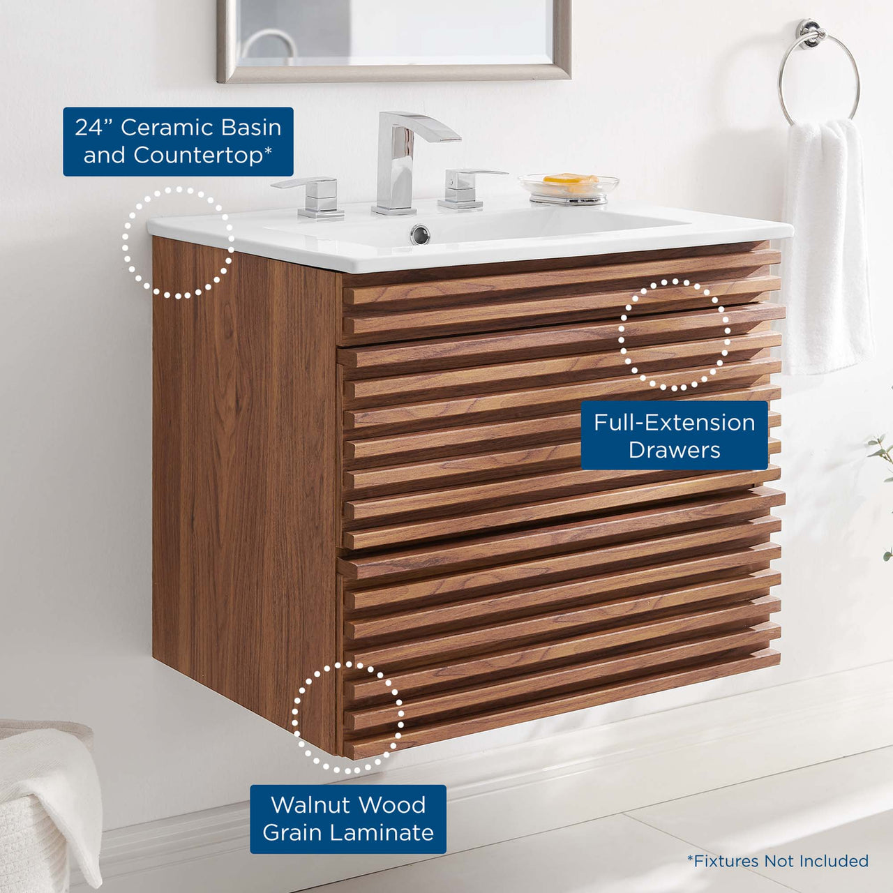 Ventra Floating Vanity Unit, Small, Walnut & White