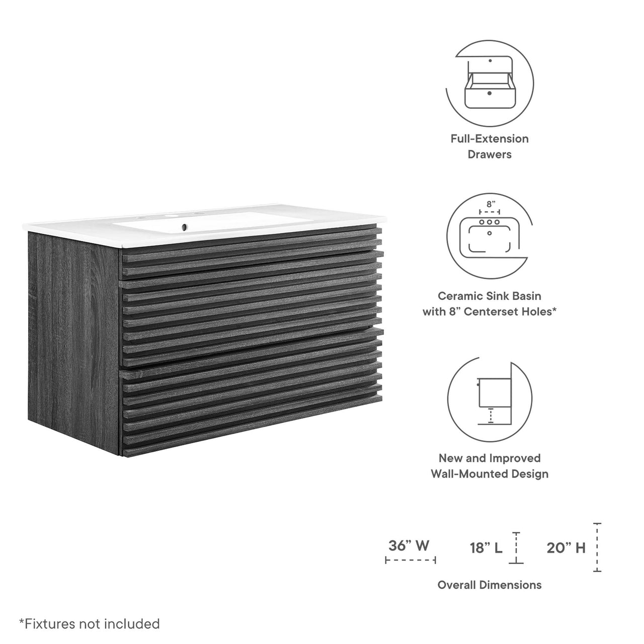 Ventra Floating Vanity Unit, Large, Charcoal & White