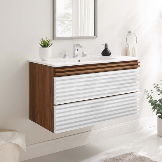 Ventra Floating Vanity Unit, Large, Walnut & White