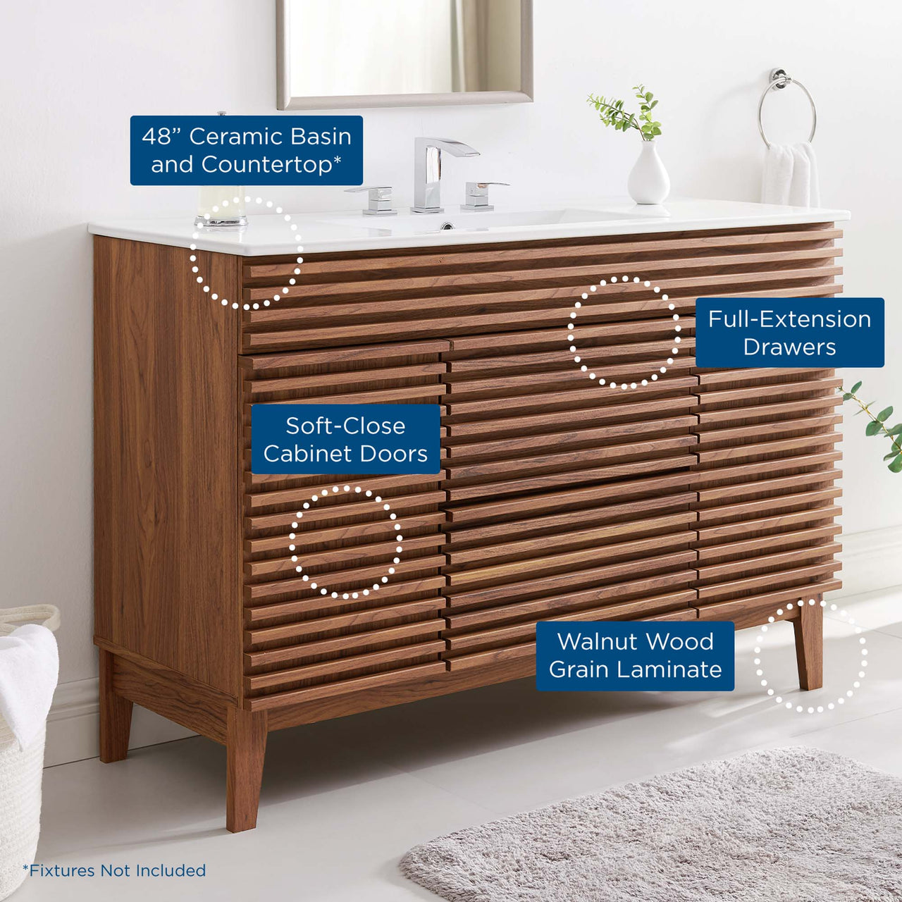 Ventra Single Sink Vanity Unit, Extra Large, Walnut & White
