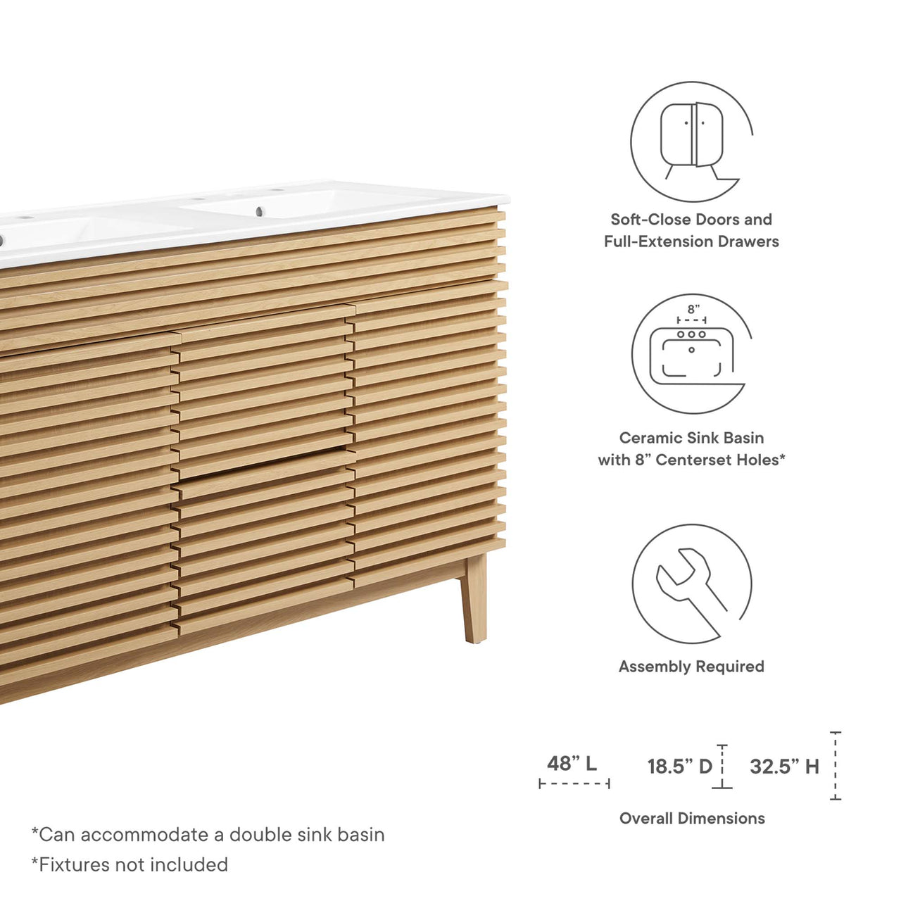 Ventra Double Sink Vanity Unit, Extra Large, Oak & White