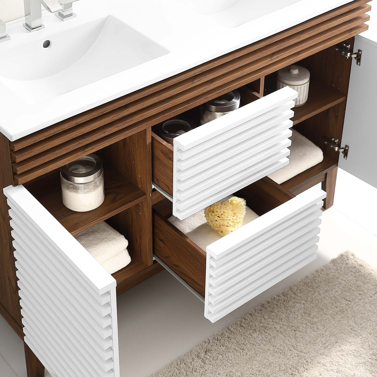 Ventra Double Sink Vanity Unit, Extra Large, Walnut & White