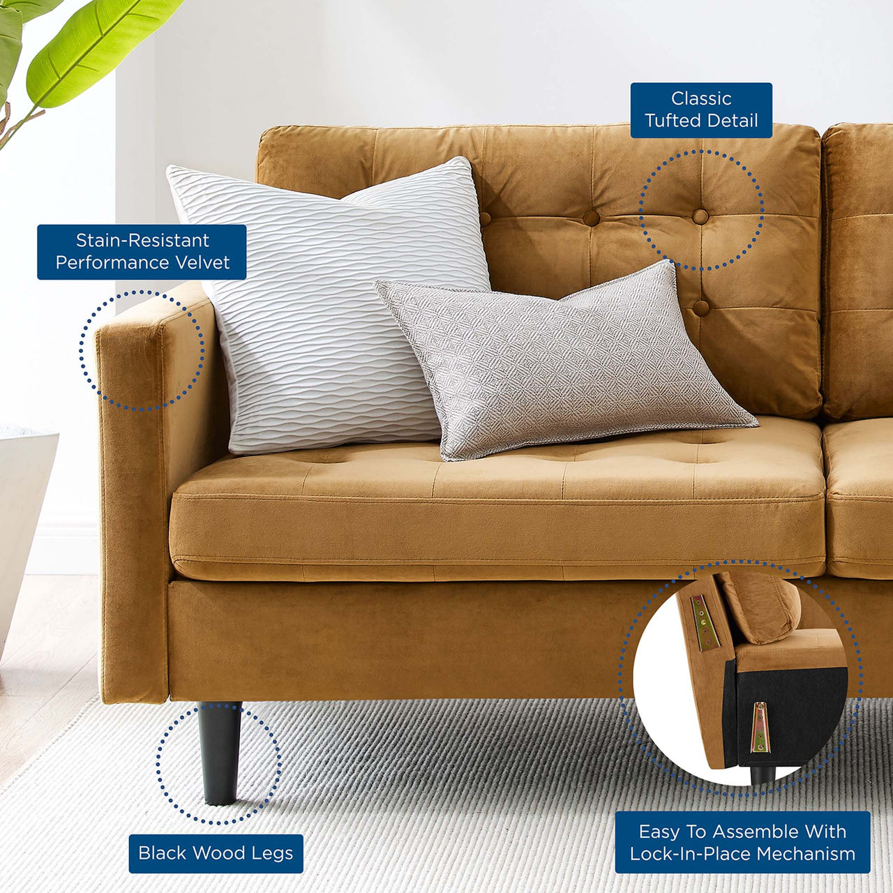 Lucera Velvet Sofa, Cognac