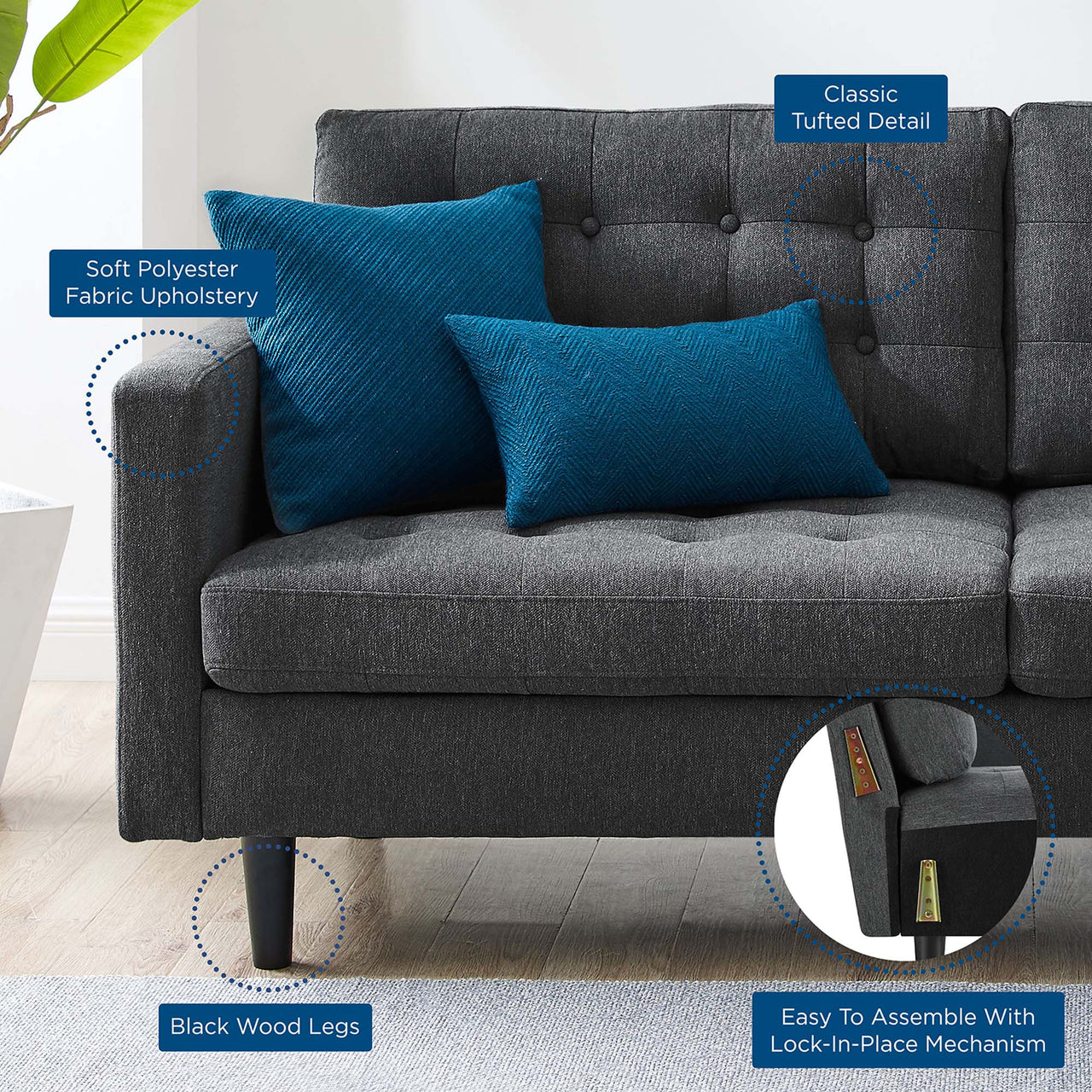 Lucera Fabric Sofa, Charcoal