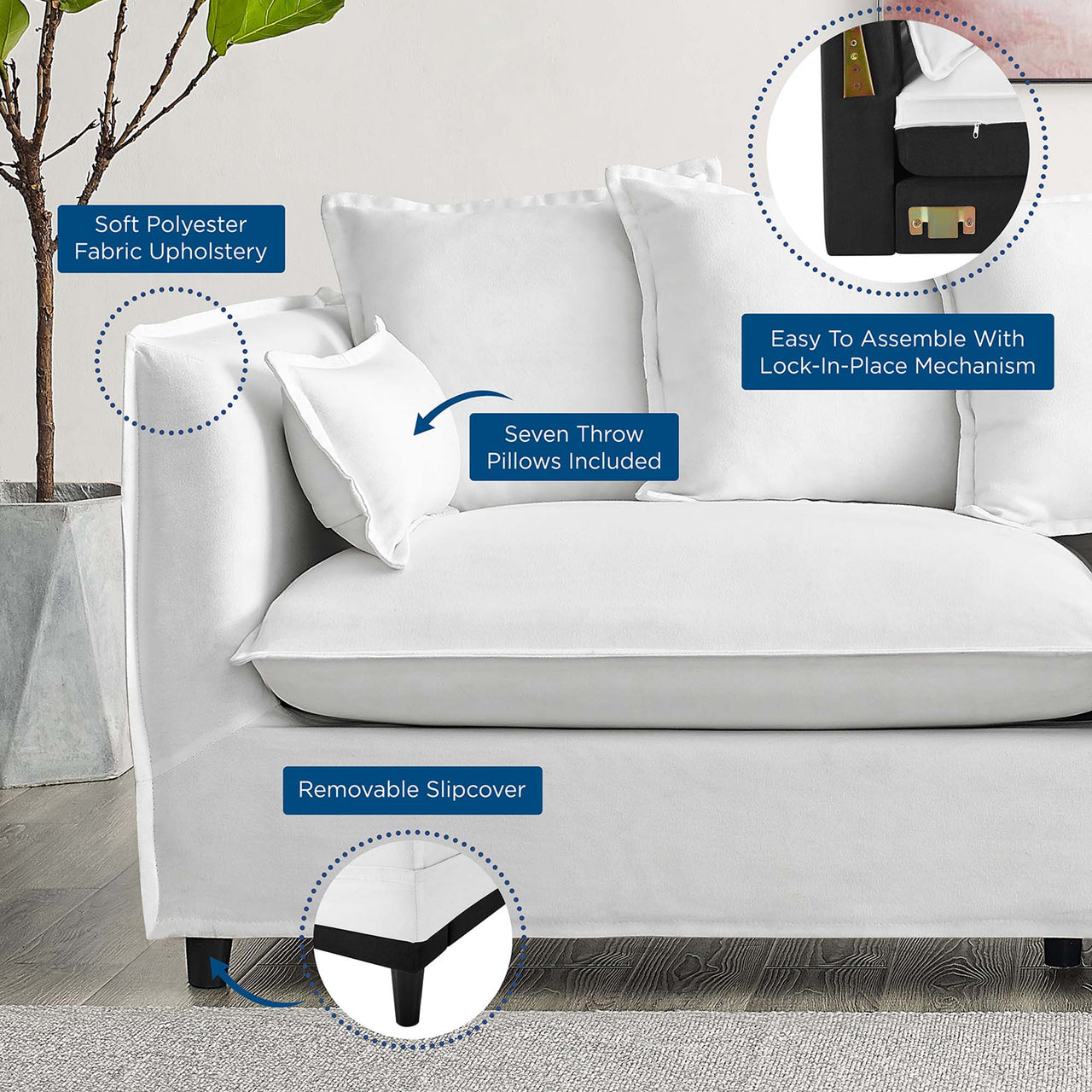 Isola Fabric Sofa with Removable Cover, White