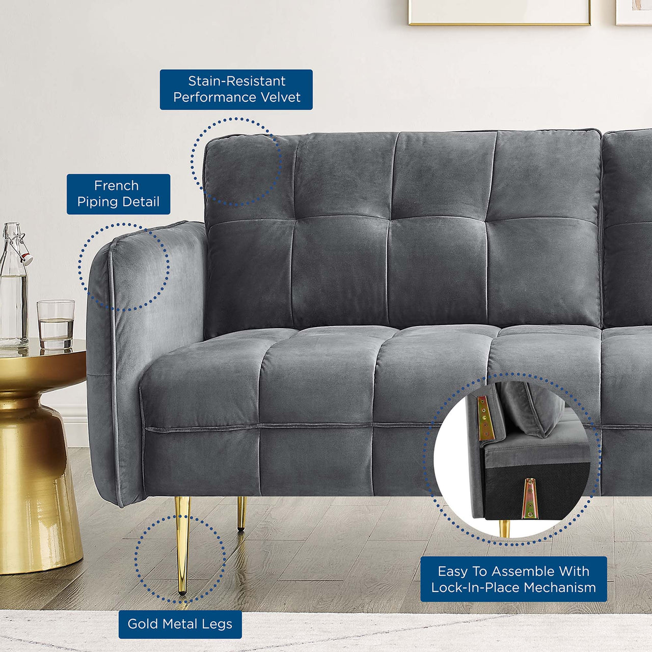 Carron Modern Lounge Velvet Sofa, Gray