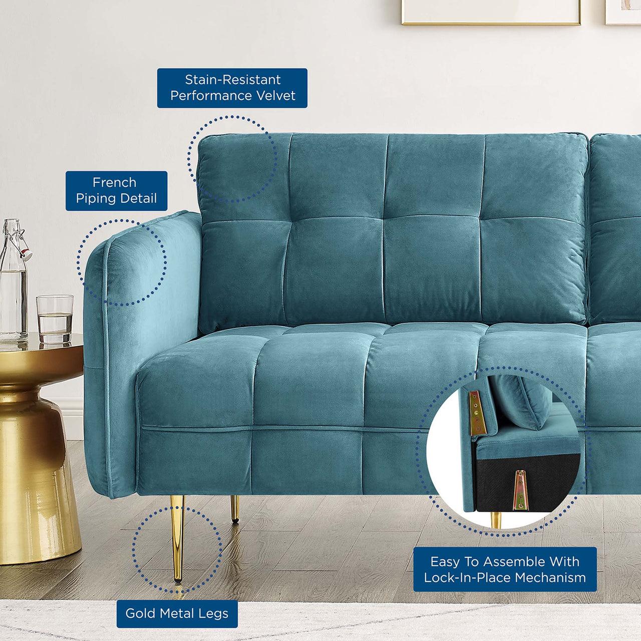 Carron Modern Lounge Velvet Sofa, Caspian Blue