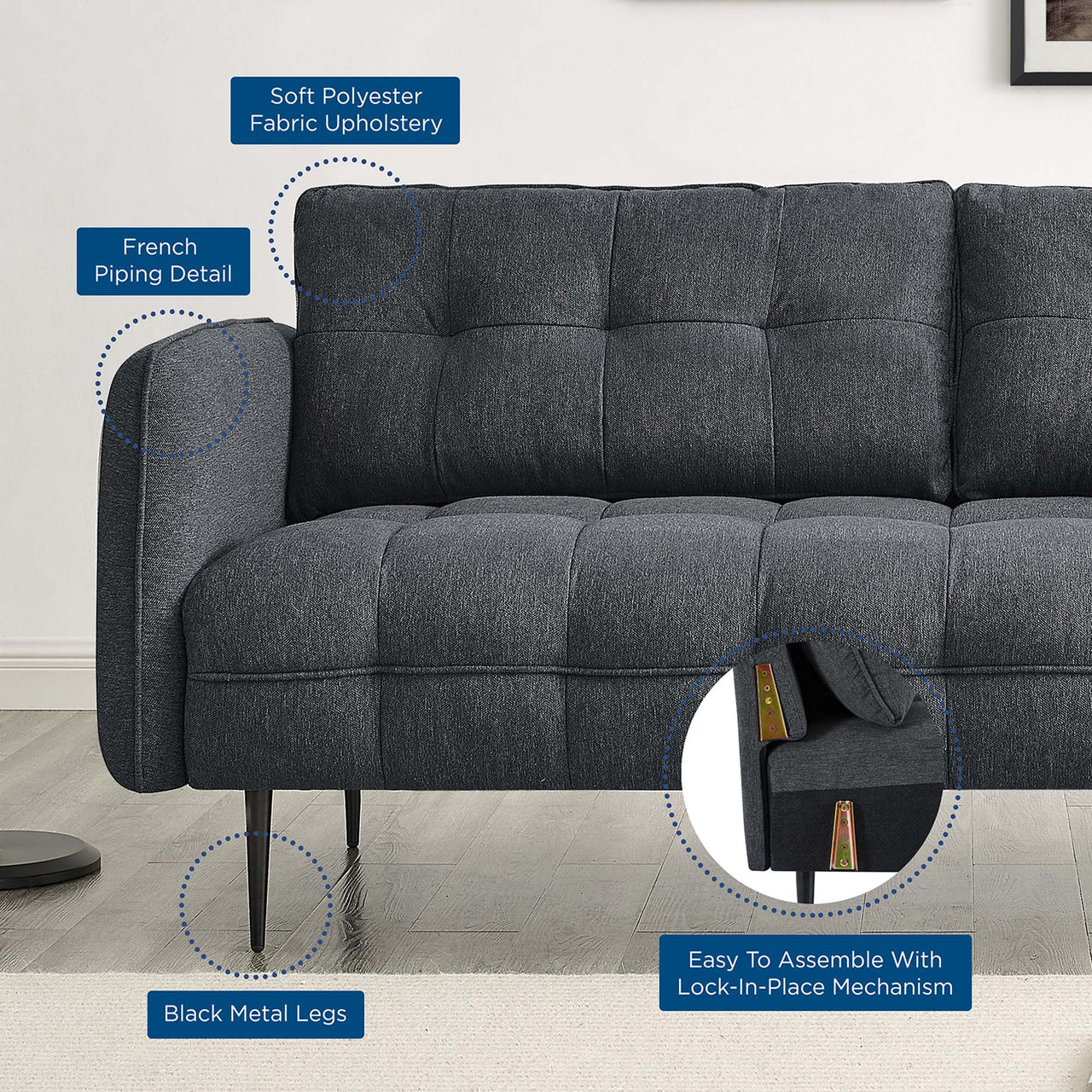 Carron Modern Lounge Fabric Sofa, Charcoal
