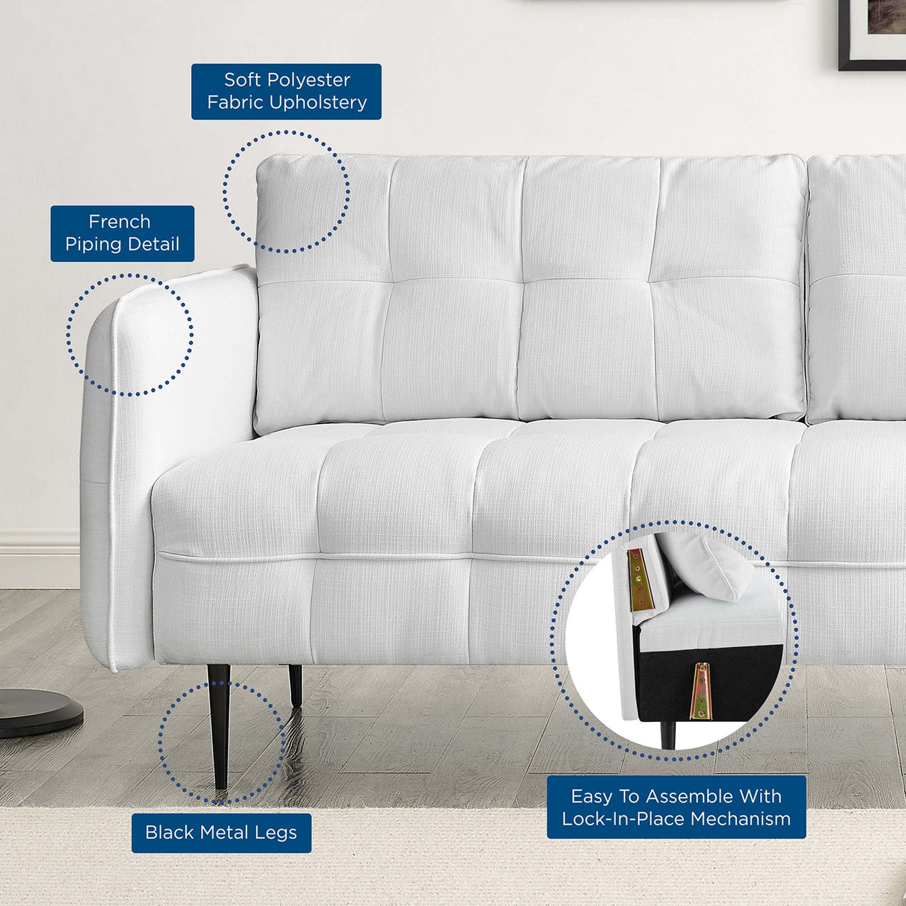 Carron Modern Lounge Fabric Sofa, White