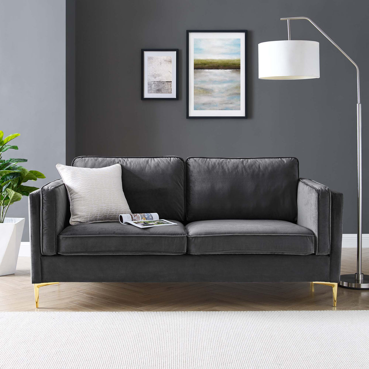 Ociel Upholstered Velvet Sofa, Charcoal