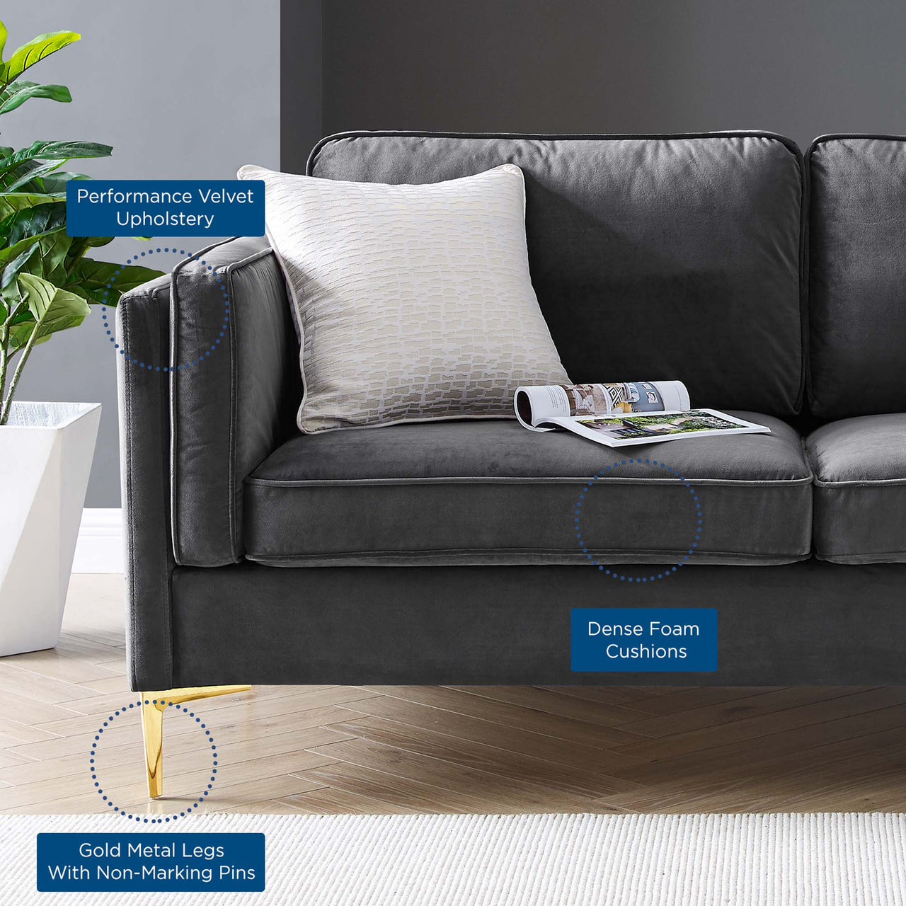 Ociel Upholstered Velvet Sofa, Charcoal