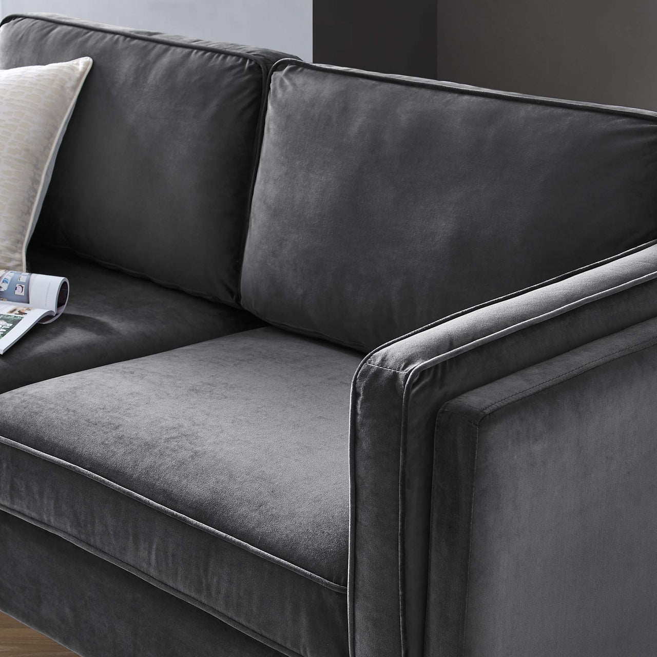 Ociel Upholstered Velvet Sofa, Charcoal