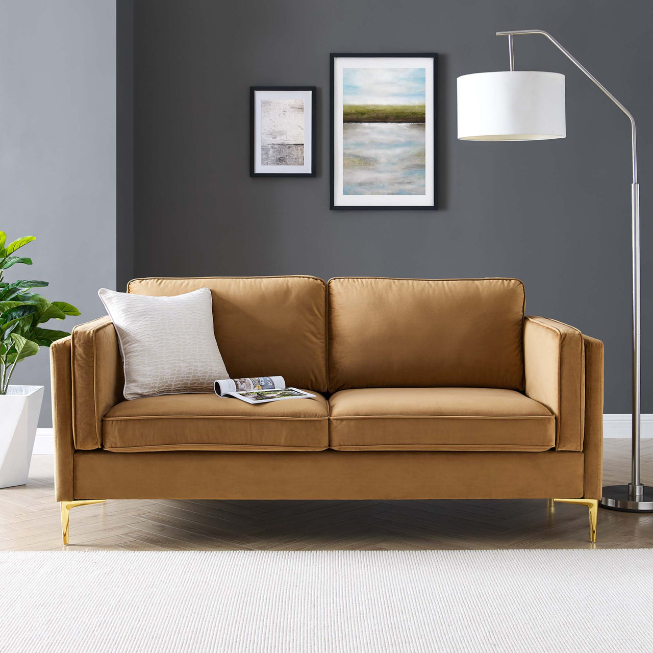 Ociel Upholstered Velvet Sofa, Cognac