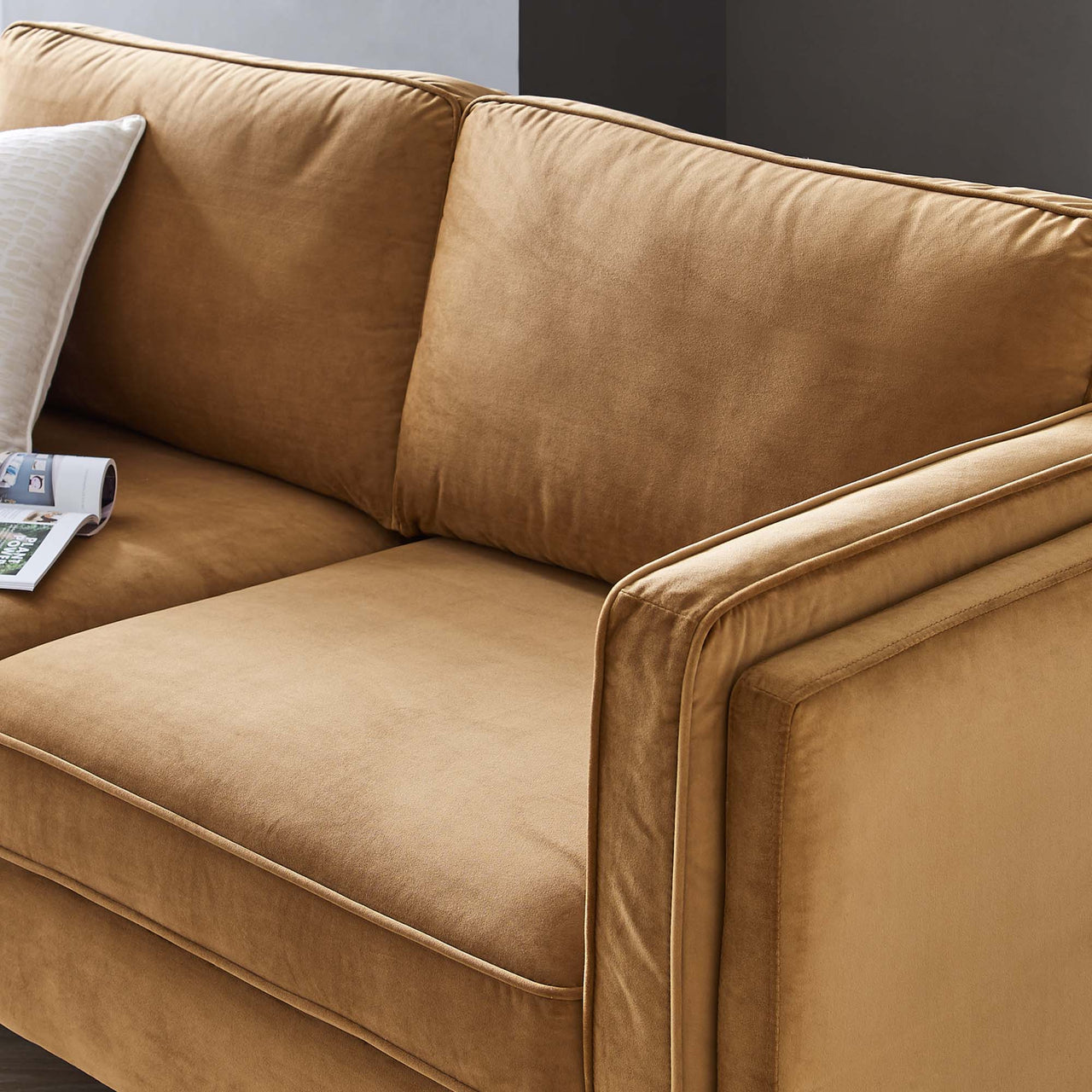 Ociel Upholstered Velvet Sofa, Cognac