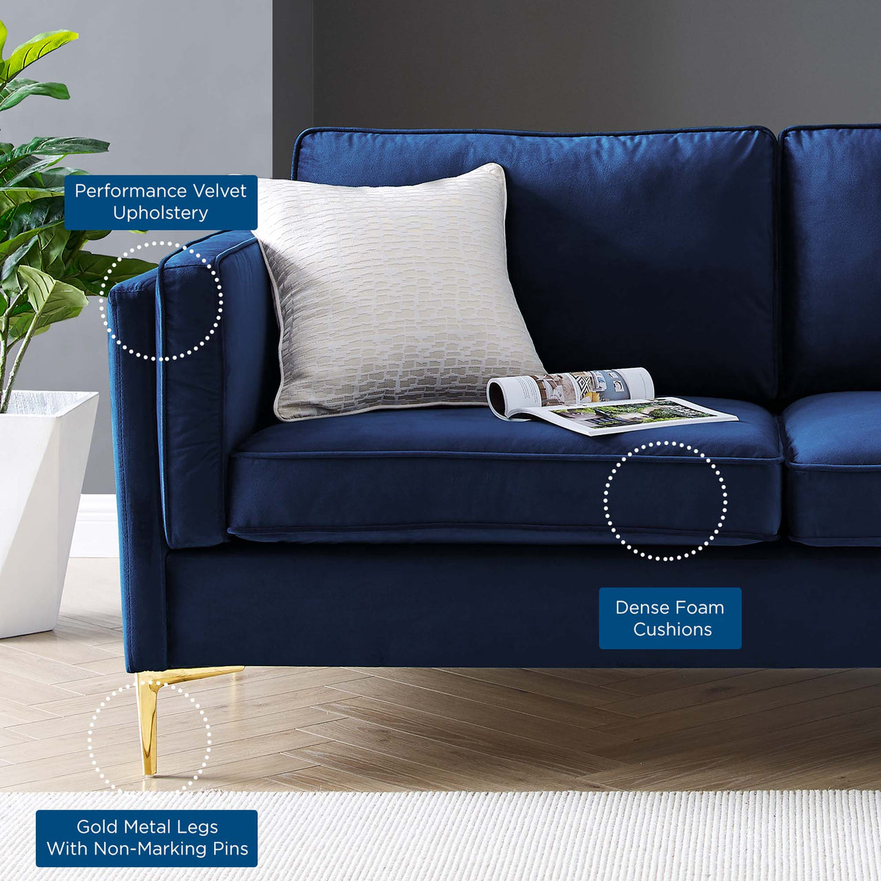 Ociel Upholstered Velvet Sofa, Dark Blue