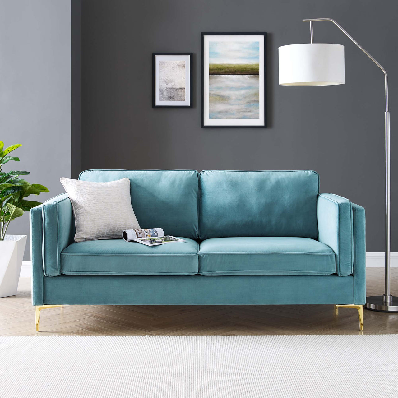 Ociel Upholstered Velvet Sofa, Caspian Blue