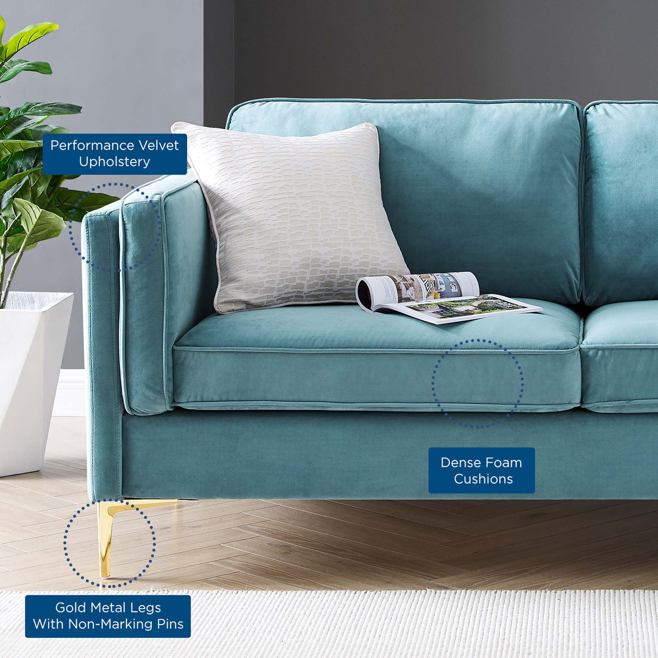 Ociel Upholstered Velvet Sofa, Caspian Blue