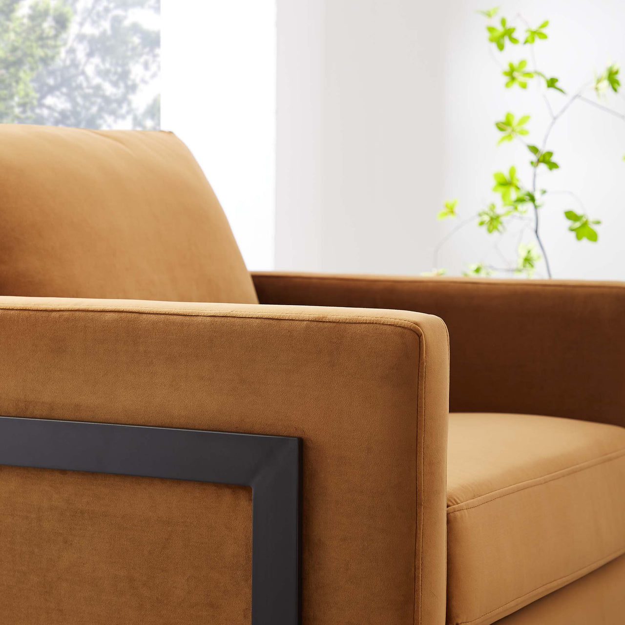 Parallel Upholstered Velvet Armchair, Cognac